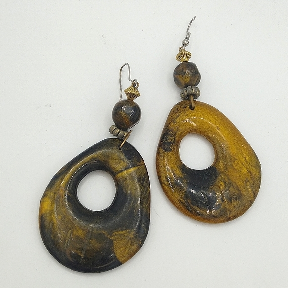 Rustic Primitive faux Polished Stone Dangle Hoop Earrings - Picture 7 of 7